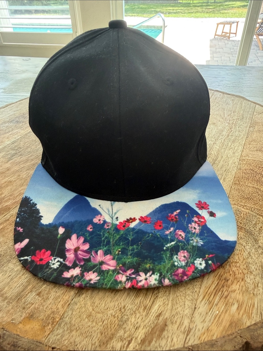 Black Floral Brim Snapback Hat - Floral Print